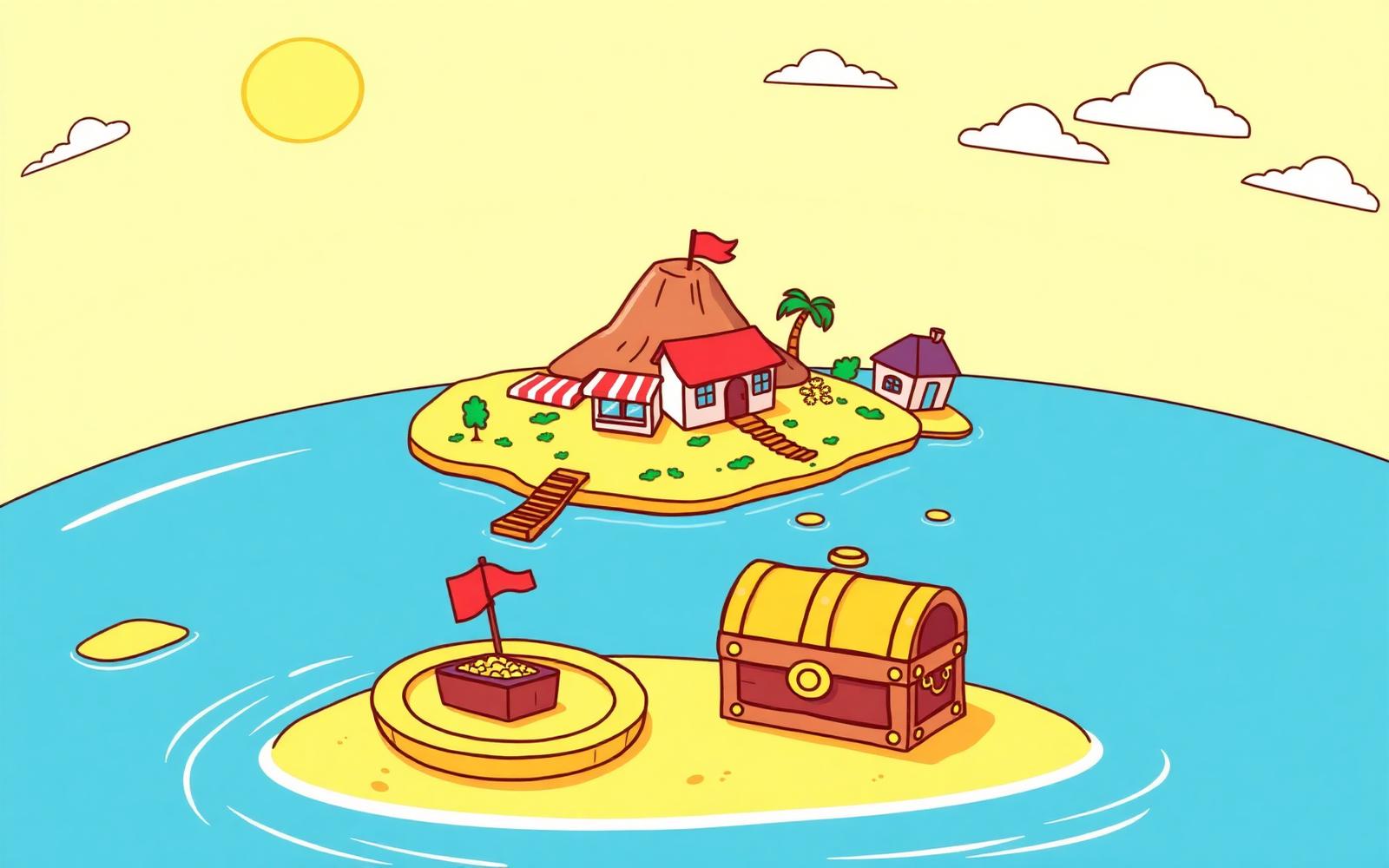 Coin Island, a cartoon island shaped like a gold coin with a market, bank and treasure chest